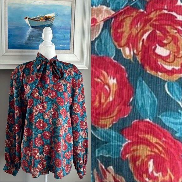 Vintage Pendleton Country Sophisticates Satin Blue Floral Longsleeve Blouse 12 - Picture 1 of 12